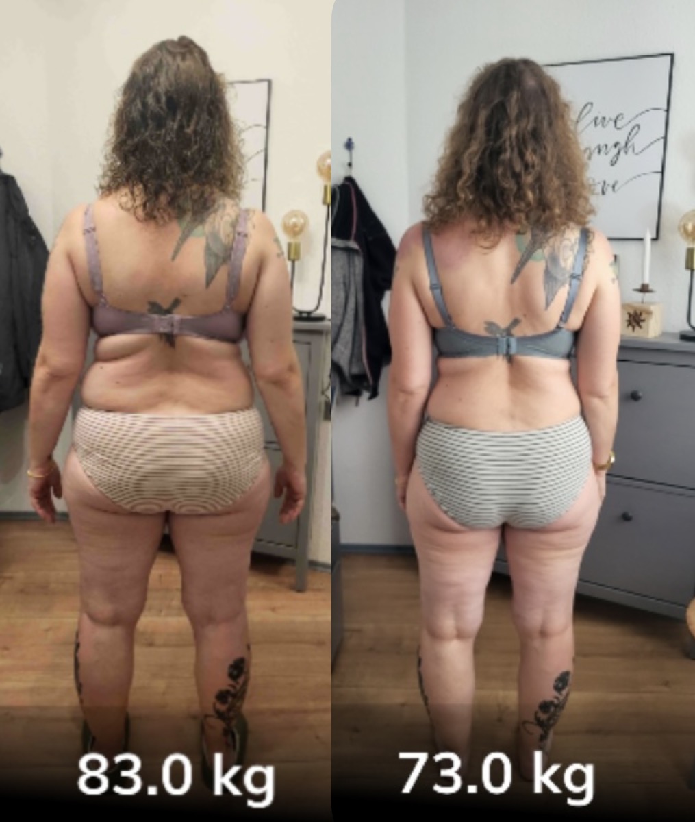 Vorher/Nachher-Vergleich von Natalie, Rückenansicht, 83 kg zu 73 kg