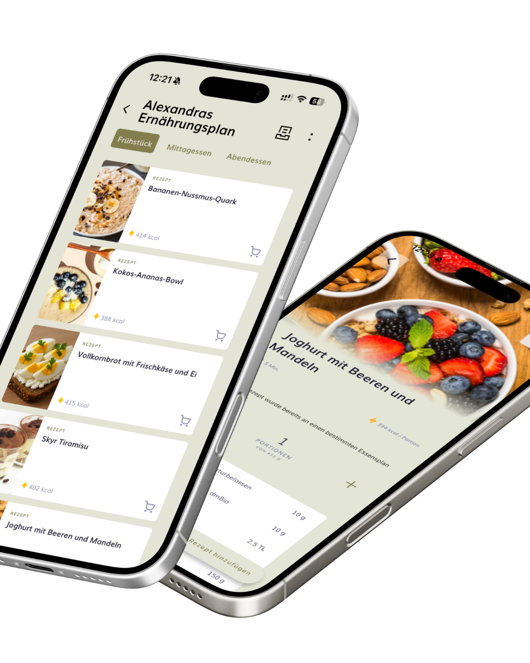 Zwei iPhone-Mockups mit Ernährungsplan und Rezeptdetail in der App