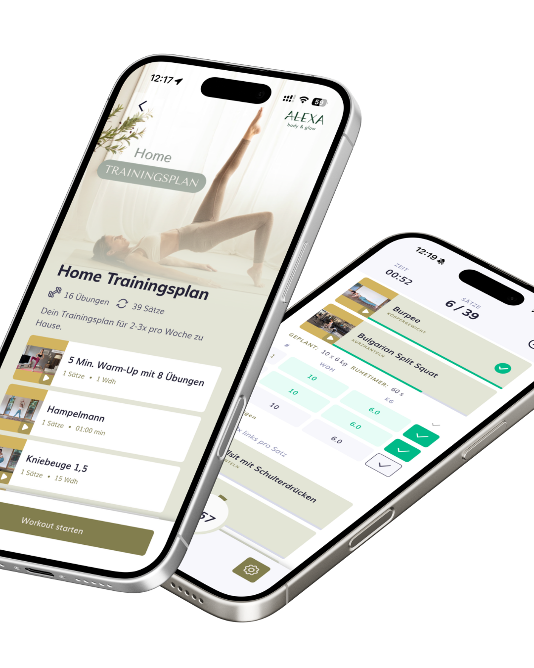 Zwei iPhone-Mockups mit Trainingsplan und aktivem Workout in der App
